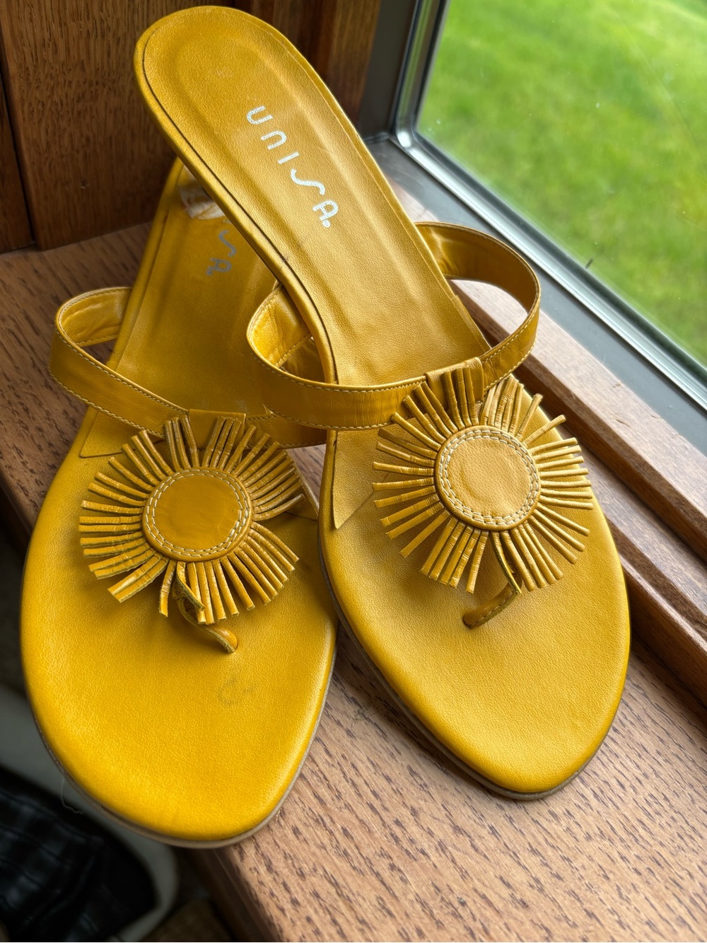 Unisa Mustard Yellow Leather Fringe Sunburst Thong Sandals - Picture 8 of 9